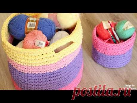 БОЛЬШАЯ КРУГЛАЯ КОРЗИНКА ИЗ ТРИКОТАЖНОЙ ПРЯЖИ. КОРЗИНА ИЗ ЛЕНТОЧНОЙ ПРЯЖИ ВЯЗАНИЕ КРЮЧКОМ
