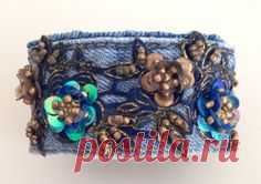 Boho Denim and Lace Cuff Bracelet Vintage Beaded Blue por…