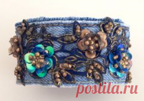 Boho Denim and Lace Cuff Bracelet Vintage Beaded Blue por…