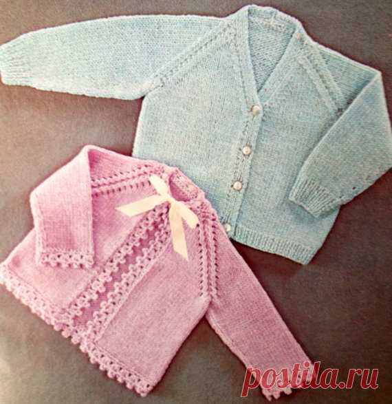 vintage baby knitting pattern for cardigan and matinee jacket with crochet edging 16 18 and 20 inches This item is a PDF file of the knitting pattern for these gorgeous baby items.    The pattern will be available for download upon receipt of payment, for you to print out or read from your computer.    The cardigans are knit with double knitting yarn and are in sizes 16 18 and 20 inches. The pretty edging on the matinee jacket is crochet, a guide is included to help with this if needed.