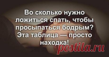 Во сколько нужно ложиться спать, чтобы просыпаться бодрым? Эта таблица — просто находка | tviget Каждому знакомо чувство, когда ненавистный будильник вырывает вас из сладкого сна на самом интересном моменте. Вы долго не можете прийти в себя, понять, где вы, и весь день чувствуете себя разбитым. Но, к счастью, есть способ всегда просыпаться легко. Как известно, во время сна у человека чередуются...