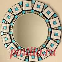 Beautiful Handmade Mosaic Mirror Bevelled Edge white ceramic and blue foiled glass Mosaic Tile