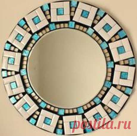 Beautiful Handmade Mosaic Mirror Bevelled Edge white ceramic and blue foiled glass Mosaic Tile