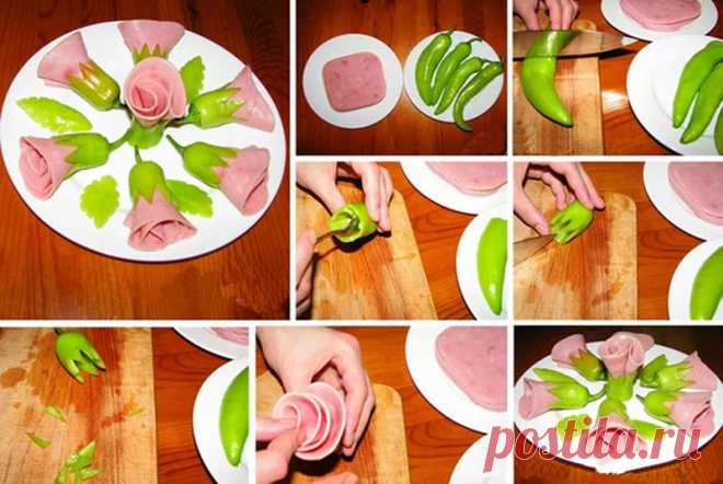 Бутоны розы из ветчины