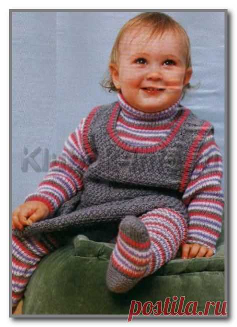 Вязание спицами детям. Комплект: сарафан, свитер и колготки для девочки 2 лет