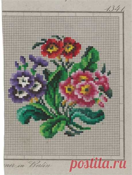 Cross stitch flowers, Floral cross stitch, Floral cross stitch pattern A Berlin WoolWork Patternn Produced By Hertz & Wegener ~ Primulas