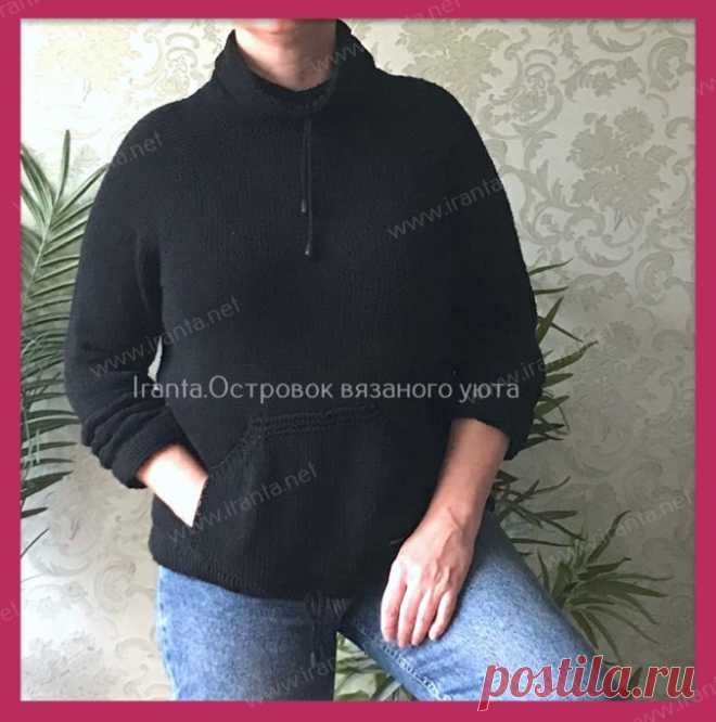 Женская толстовка с высоким воротником и карманом-кенгуру Женская толстовка с высоким воротником и карманом-кенгуру. Выполнена спицами в бесшовной технике реглан сверху. Подробное описание, схемы
