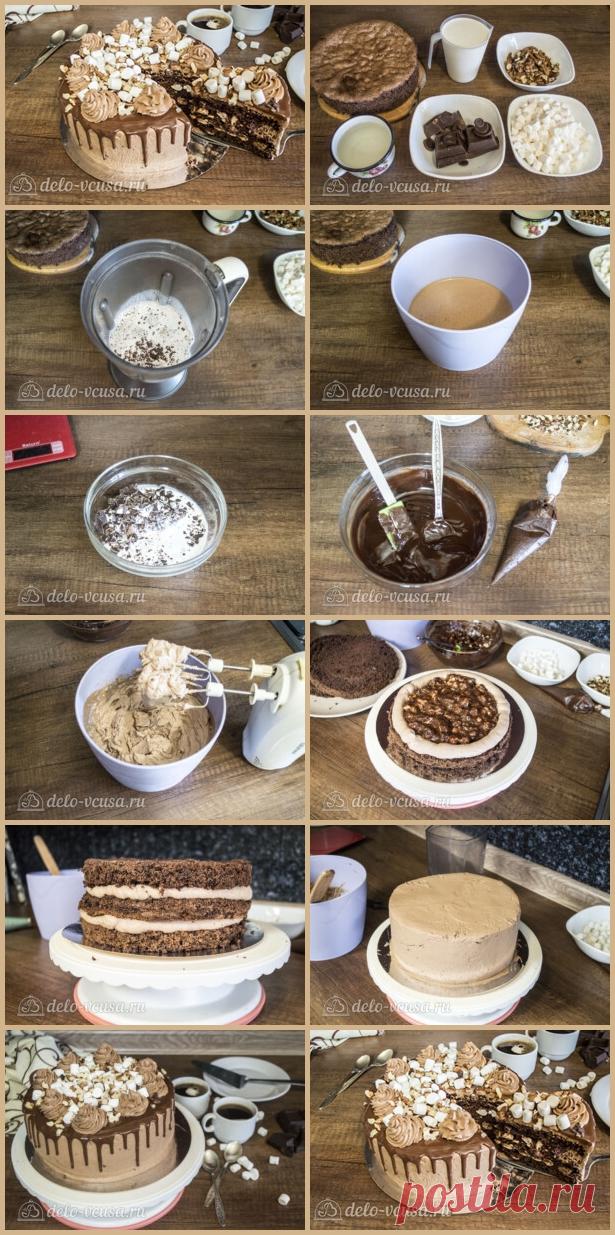 Шоколадный торт с орехами и маршмеллоу

для бисквита
Яйца - 5 шт.
Сахар - 125 г
Соль - 1 щепотка
Крахмал - 25 г
Какао - 30 г
Мука пшеничная - 75 г
Разрыхлитель - 1,5 ч.л.
для крема
Темный шоколад - 150 г
Сливки 33% - 400 мл
для начинки
Маршмеллоу - 70 г
Грецкие орехи - 70 г
Темный шоколад - 150 г
Сливки 33% - 150 мл