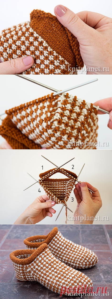 Планета Вязания | Носки-тапочки ленивым жаккардом. Мастер-класс по вязанию тапочек спицами.