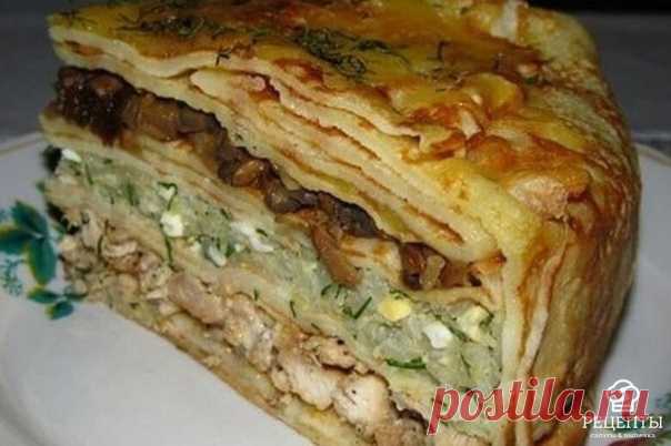 Блинный курник с грибами и курицей.
Ингредиенты:
-блины тонкие 10-12 шт. -масло сливочное
для начинки: -курица 500 г -шампиньоны 500 г -грибы белые 200 г -яйца 6-7 шт. -лавровый лист 1 шт. -лук репчатый 2 головки -рис басмати 1/2 стакана -чеснок 1 зубчик -соль
для соуса: -сливки 200 мл -мука 1/2 стакана -масло сливочное 2 ст. л. -перец черный молотый -мускатный орех -соль