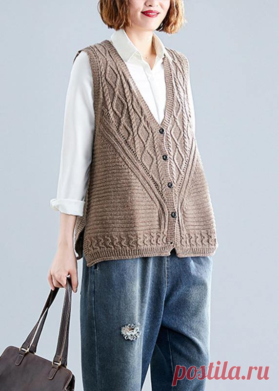 Women fall dark khaki v neck knitted blouse Loose fitting sleeveless c – SooLinen
