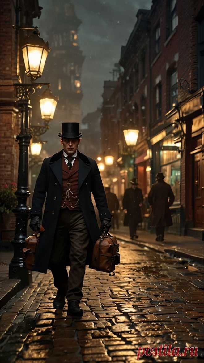 Стимпанк. Улица. Ночь. Фонари. Мужчина.