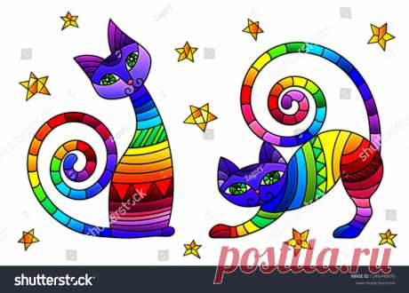 Стоковая векторная графика «Set Stained Glass Elements Rainbow Cats» (без лицензионных платежей), 1246440970: Shutterstock