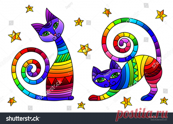 Стоковая векторная графика «Set Stained Glass Elements Rainbow Cats» (без лицензионных платежей), 1246440970: Shutterstock