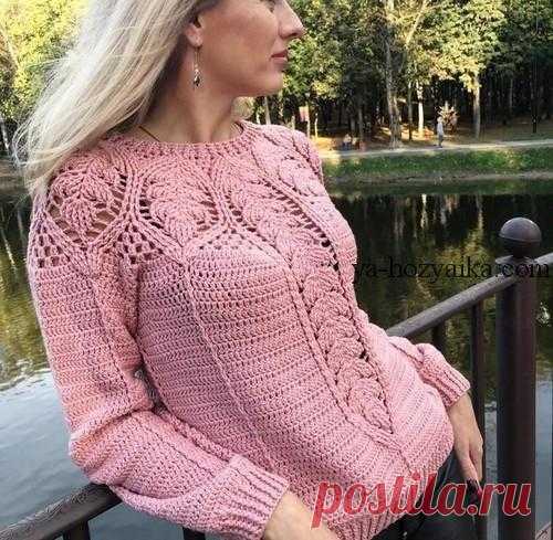 Женский пуловер крючком с красивой кокеткой. Свитер с листьями крючком схема