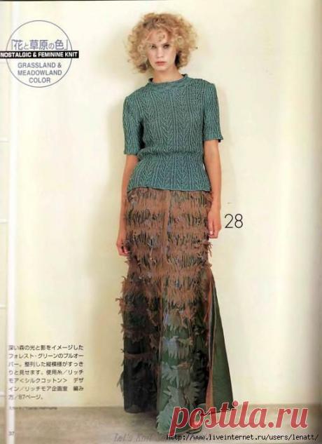 Летний пуловер связан спицами растительным узором, воротник - узором "шашечки". Схемы. / Обсуждение на LiveInternet - Российский Сервис Онлайн-Дневников