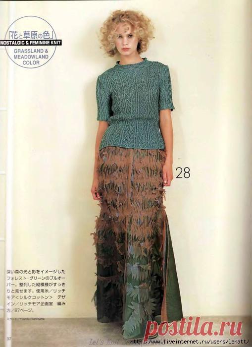 Летний пуловер связан спицами растительным узором, воротник - узором "шашечки". Схемы. / Обсуждение на LiveInternet - Российский Сервис Онлайн-Дневников