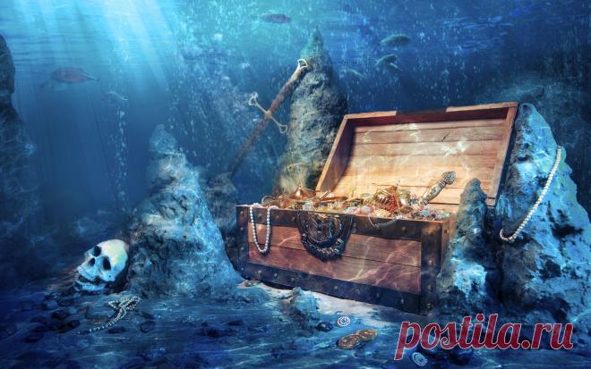 камни, череп, рыбы, меч, Ре, сундук, сокровища, глубина картинки на рабочий стол скачать 2560x1600, фото 12598