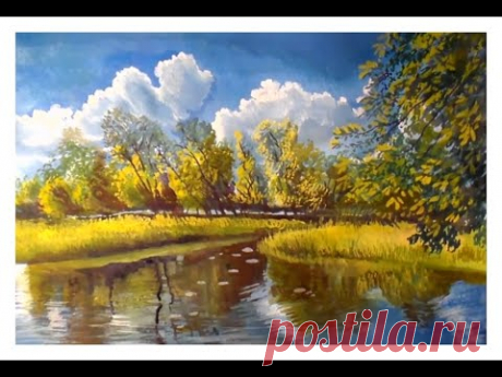 Как нарисовать летний пейзаж гуашью или акрилом/How to paint a summer landscape with gouache