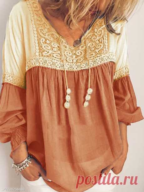 Casual Lace Panel Loose Long Sleeve Shirt - berrylook.com