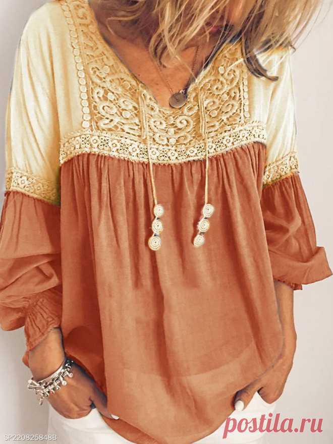 Casual Lace Panel Loose Long Sleeve Shirt - berrylook.com