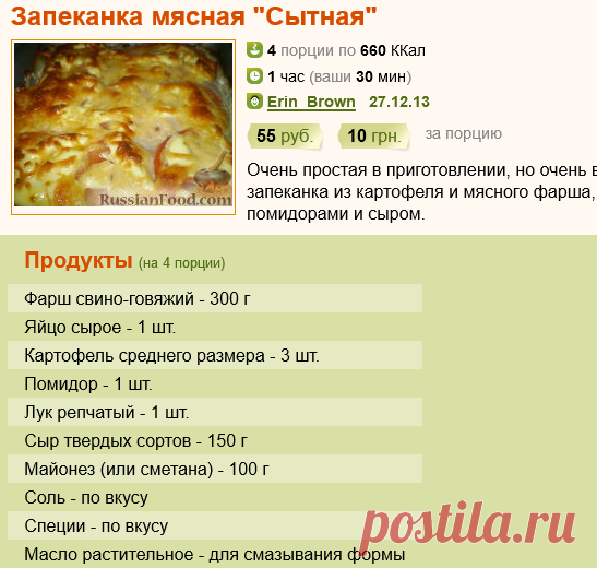 Рецепт: Запеканка мясная "Сытная" на RussianFood.com