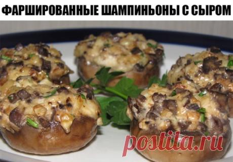 Мой фирменный рецепт! Гости просто в восторге от этого рецепта! 
Фаршированные шампиньоны с сыром 
Ингредиенты: 
- Грибы шампиньоны крупные — 10 штук 
- Куриное филе — 200 грамм 
- Сыр твердый — 100 грамм 
- Репчатый лук — 1 штут 
- Зелень; 
- Соль; 
- Черный молотый перец; 
- Сметана — 2 ст. ложки 
- Растительное масло — 3 ст. лложки 
Способ приготовления: 
1. Лук чистим от кожуры, мелко нарезаем и обжариваем до прозрачности на растительном масле в течение трех минут 
2. Шампиньоны моем,