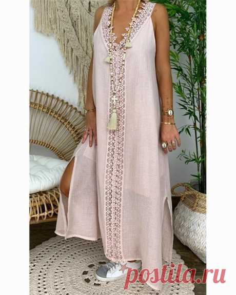 Women Solid V Neck Sling Sleeveless Lace Maxi Dress – aoarct