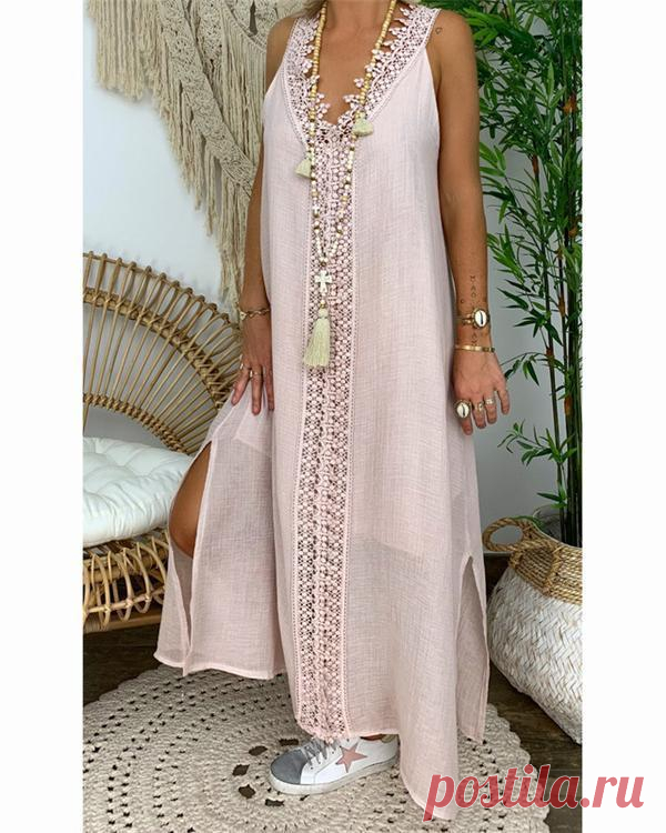 Women Solid V Neck Sling Sleeveless Lace Maxi Dress – aoarct
