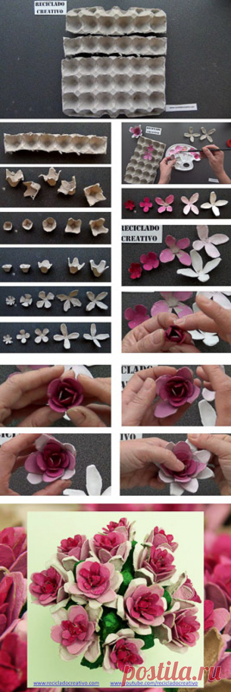 Infographic cómo hacer flores con hueveras de cartón - RECICLADO CREATIVO por Rosa Montesa Cómo realizar flores rosas con hueveras de cartón recicladas How to make flowers out fo...