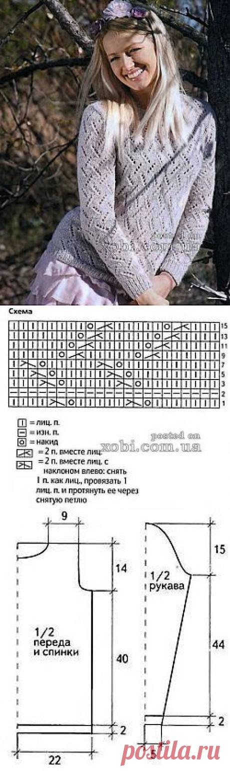 бежевый ажурный пуловер вязаный спицами