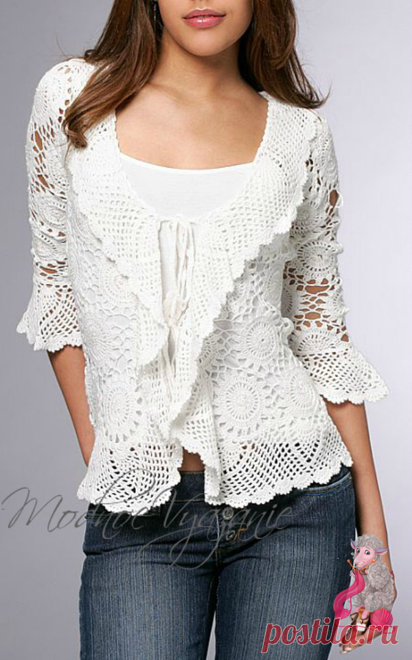 Ажурный жакет безотрывным вязанием
ОПИСАНИЕ ТУТ http://crochet.modnoevyazanie.ru.com/vyazanie-kryuchkom-dlya-zhenshchin/azhurnyy-zhaket-bezotryvnym-vyazaniem/
Шикарный белый ажурный жакет связанный крючком методом безотрывного вязания круглыми мотивами.В описании вязания представлены схемы и мастер-класс мотивов ,благодаря которым вы легко сможете и себе связать такой белоснежный нарядный жакет.