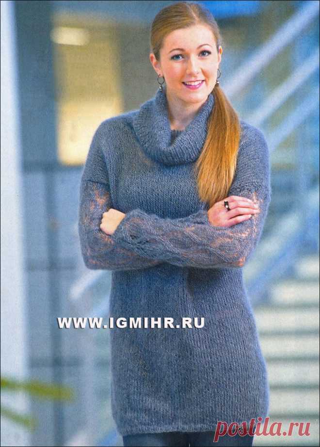 Тепло и уютно! Свитер с ажурными рукавами, от финских дизайнеров. Спицы.