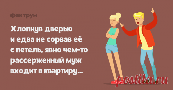 Новинка   Хлопнув дверью и едва не сорвав её с петель, явно чем-то рассерженный муж входит в квартиру…