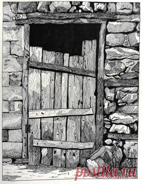 Рисунок. Графика. Каменная стена. Деревянная дверь.