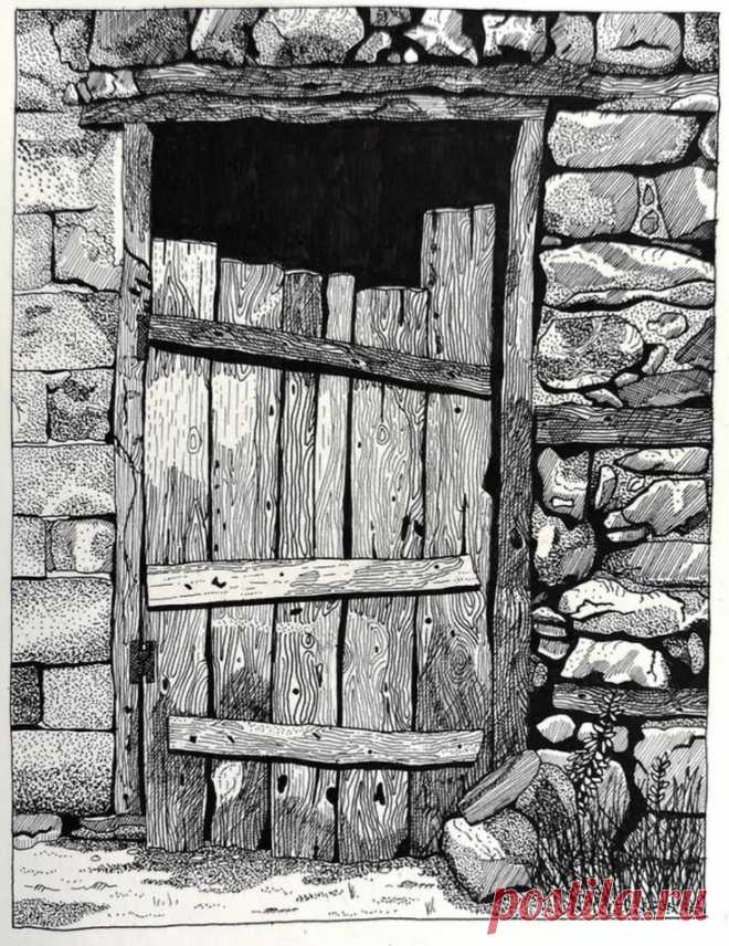 Рисунок. Графика. Каменная стена. Деревянная дверь.