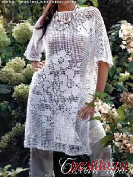 Crochet Sweater: Filet Crochet - Crochet Tunic Pattern - I don't usually like filet crochet, but this pattern is gorgeous.  I would probably make it shorter sleeves.  Has a large butterfly on the back