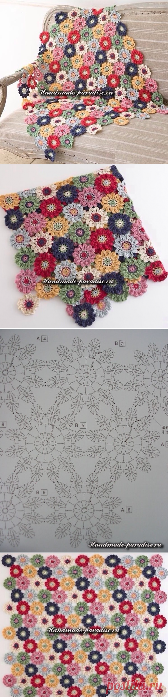 Цветочный плед крючком. Схема - Handmade-Paradise