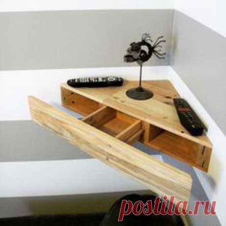 Reclaimed Pallet Wood Corner Wall Mount Floating Shelf Hidden Drawer Rustic Chic