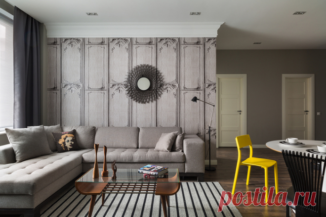 Московская квартира 95 м² с желтыми акцентами и мебелью в стиле ретро