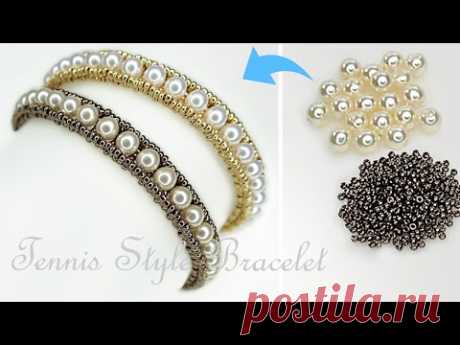 【DIY】Tennis Style Pearl Bracelet  Beading Tutorial ビーズとパールのテニス風ブレスレットの作り方 用珍珠和米珠制作名牌感网球风优雅珍珠手链
