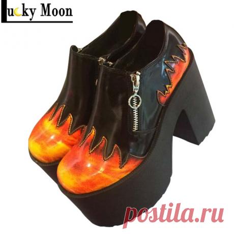 Реальная кожа высокое качество Harajuku молния толстой корой платформы панк женской обуви рок пламени обувь купить на AliExpress