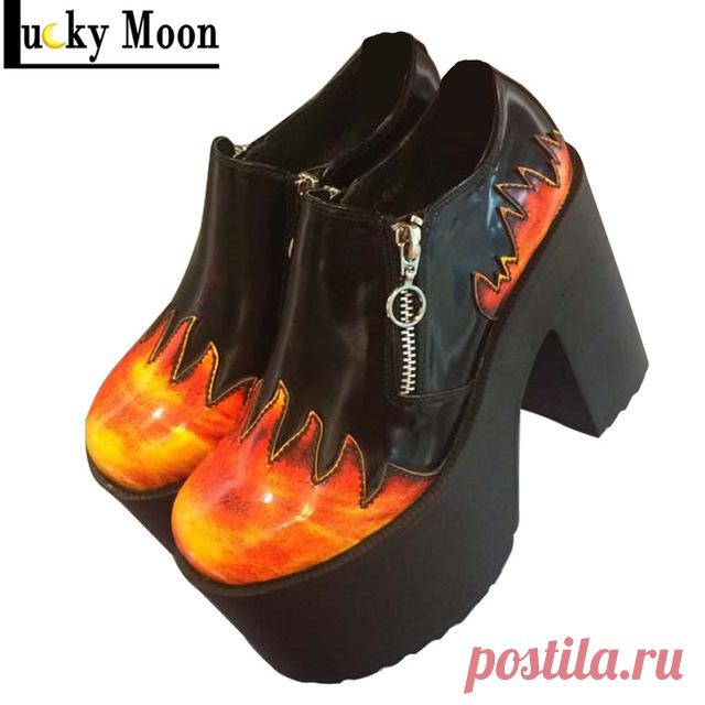 Реальная кожа высокое качество Harajuku молния толстой корой платформы панк женской обуви рок пламени обувь купить на AliExpress