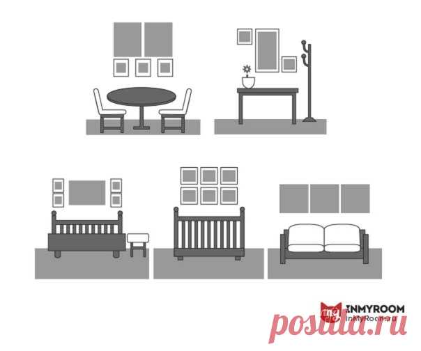 Как красиво развесить картины на стене: 8 советов и 32 готовые схемы Как развесить детские рисунки в гостиной, должны ли постеры быть одинакового размера и в чем достоинство композиции из фото на полке – рассказываем, как украсить интерьер с помощью картин