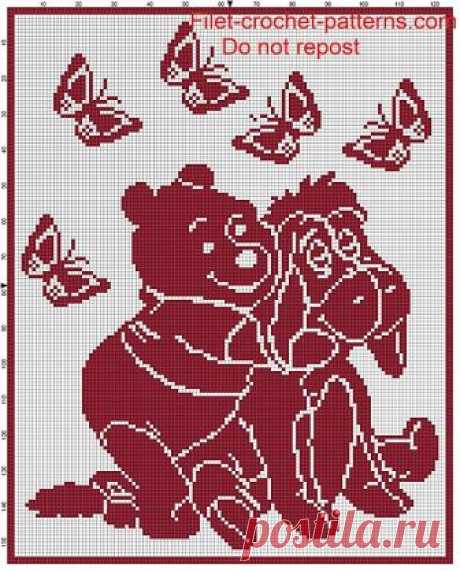 Детское одеяло Винни Пух филе крючком шаблон- филе крючком узоры