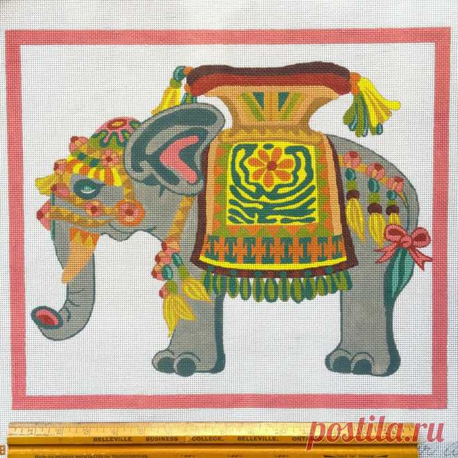Hand painted Needlepoint canvas Peter Ashe Indian Elephant Howdah Julia's N'dlwk • $139.00 HAND PAINTED NEEDLEPOINT canvas Peter Ashe Indian Elephant Howdah Julia's N'dlwk - $139.00.  Hand painted Needlepoint canvas Peter Ashe Indian Elephant Howdah Julias Ndlwk Hand painted canvas by Peter Ashe on 13 count canvas. Design area is 16″ x 14″. Retail value $189. The Nimble Needle is a brick and mortar needlework shop. All merchandise is brand new from current inventory and no...