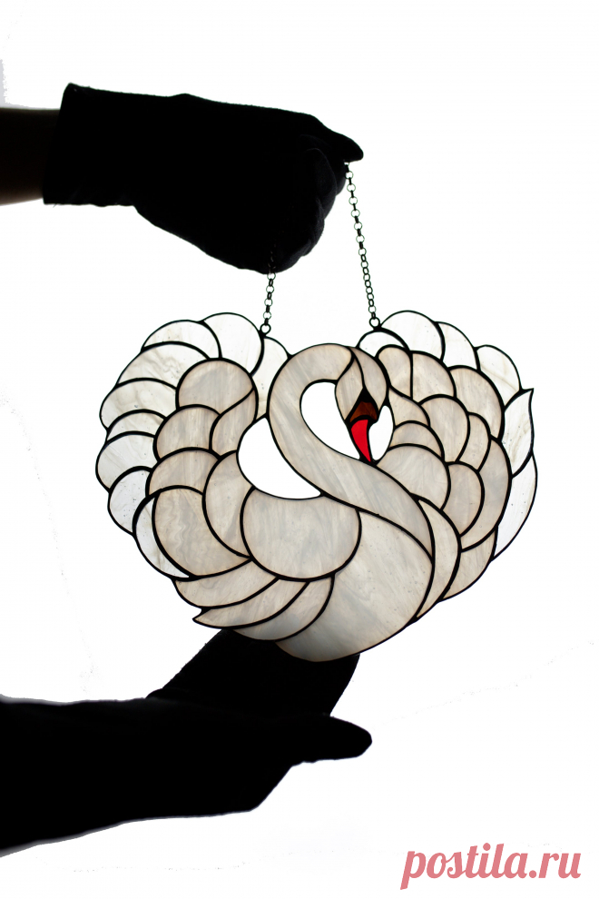Stained glass suncatcher White Swan Window hanging Stain glass suncatc Window hanging suncatcher made of stained glass pieces by my own disign.Handmade using Tiffany copper foil technique.Looks amazing in the lights of a sun.You will get it completely ready for installation. It comes with a self-adhesive hook and copper chain.It will be a great gift for friends or relatives. Width: 9 inch