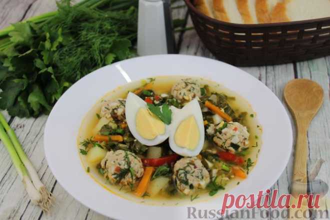 Рецепт: Зелёный борщ с мясными фрикадельками, сладким перцем и томатной пастой на RussianFood.com