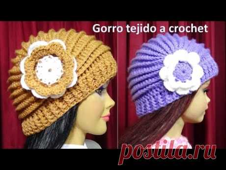 Gorro tejido a crochet con Flor paso a paso con puntos Relieves TODAS LAS TALLAS