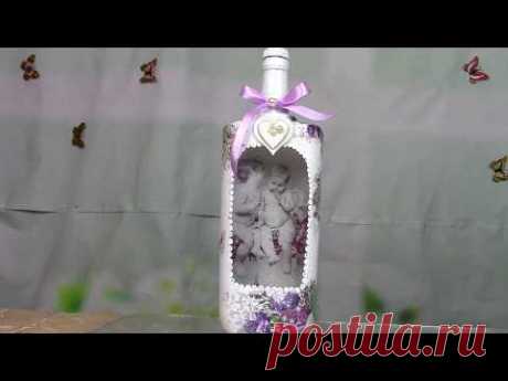 Бутылка с ангелами/Bottle with angels.The method of &quot;reverse decoupage&quot;. ХоббиМаркет